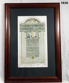 Certificate relating to Young workers patriotic guild WW1