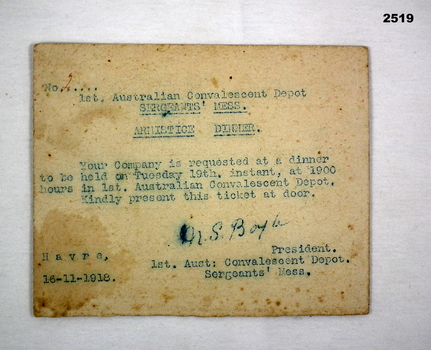 Invitation on card to an Armistice dinner 1918