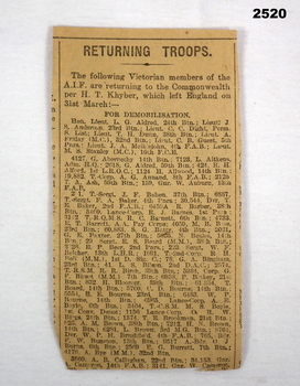 Newspaper cutting detailing returning troops.