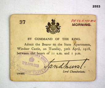Invitation to attend Windsor Castle 1918