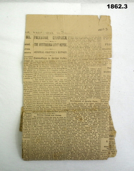 newspaper cutting re the Palestine campaign WW1