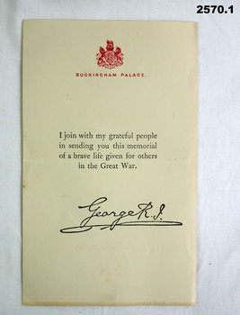Memorial letter from King George WW1