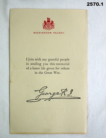 Memorial letter from King George WW1