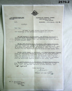 AIF letter relating to four names “Broadbent”