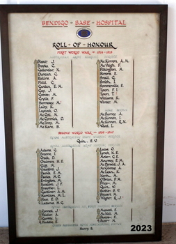 Bendigo Base hospital Nurses Honor roll WW1 & 2