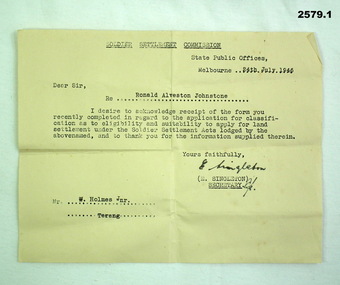 DOCUMENT, Soldier Settlement Commission, 24.7.1946