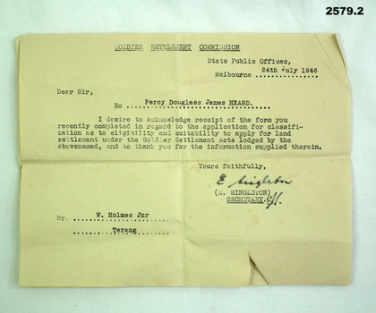 Documents relating to Soldier Settlement.