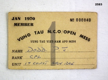 Membership card to NCO Mess Vung Tau