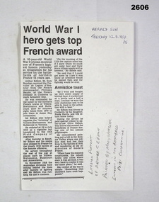 Newspaper cutting re a French award for WW1