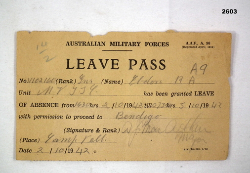 Australian Army leave pass 1942.