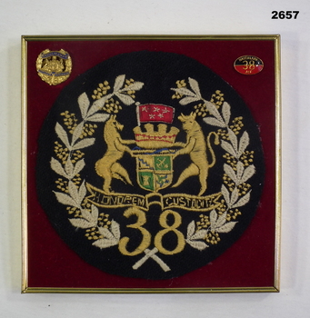embroidered 38th Bn cloth badge and badges.