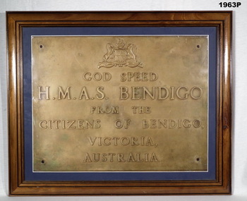 Photograph of HMAS BENDIGO Plaque.