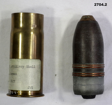 Artillery round with its brass casing WW1.