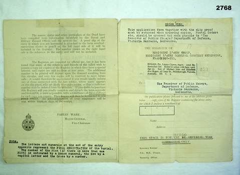 Application form internal page to War graves commission.