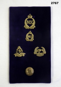 Five NZ badges mounted on felt card.