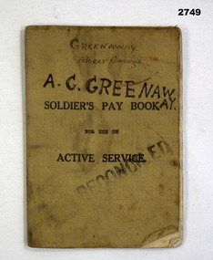 Soldiers pay book for Active service.