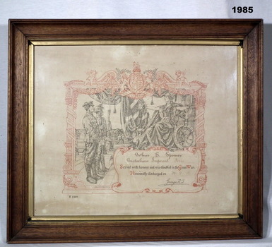 Certificate issued to soldiers incapacitated WW1