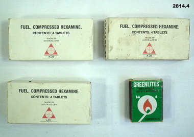 Packets of Hexamine fuel tablets and matches.