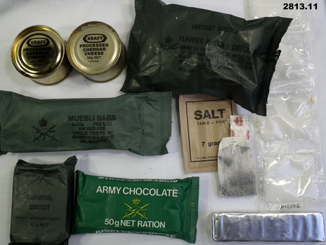 Seven items from a 24 hour ration pack.