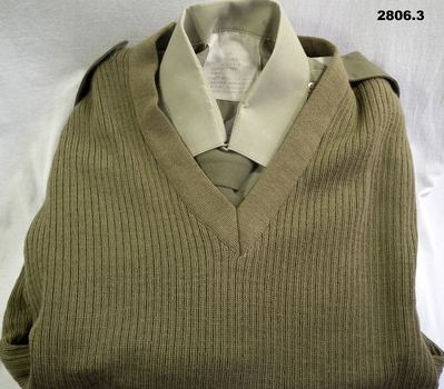 Khaki coloured jumper, shirt and tie.