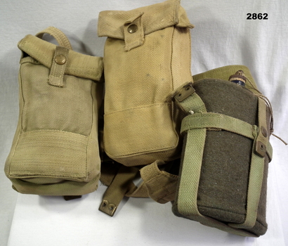 Two webbing pouches and a water bottle.