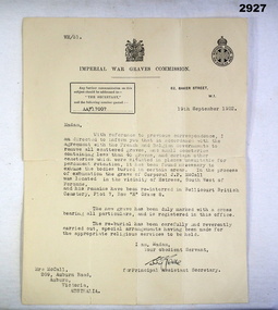 Letter from the Imperial War Graves Commission WW1