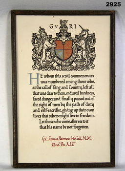 Framed memorial scroll soldier WW1 KIA.