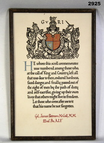 Framed memorial scroll soldier WW1 KIA.