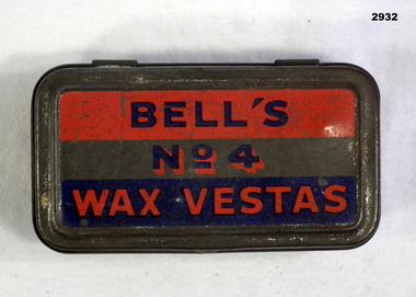 Small tin with label “Wax Vesta’s”