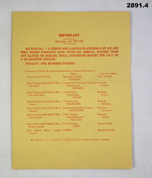 Document re the Quarantine Act of Australia.