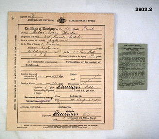 Certificate of discharge and document re trench feet.