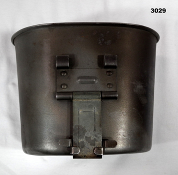 Steel kidney shape mug with folding handle.