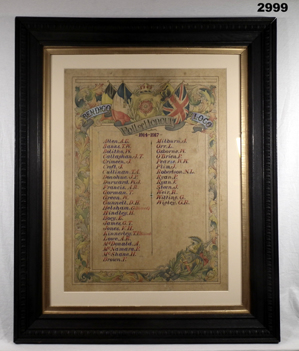 Framed hand drawn HONOR roll from Bendigo Railways.