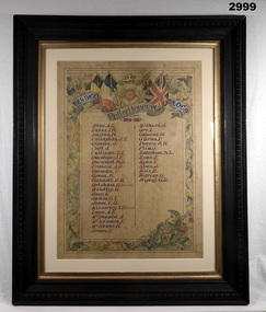 Framed hand drawn HONOR roll from Bendigo Railways.