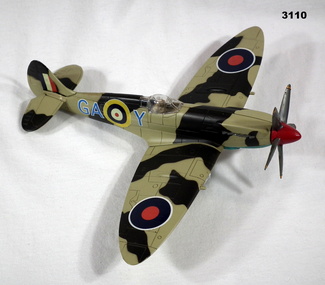 Model of a WW2 Spitfire aeroplane.