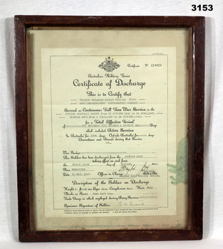 Framed certificate of discharge WW2.
