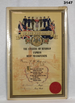 Certificate from the Shire of Bendigo WW2.