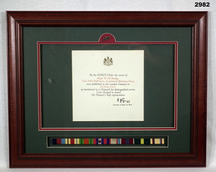 Framed award of the Mention in Despatches.