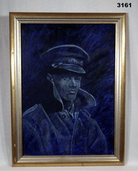 Blue coloured portrait painting of a soldier.