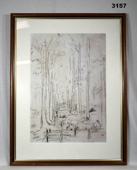 Charcoal sketch of horses under cover WW1.