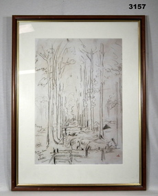 Charcoal sketch of horses under cover WW1.