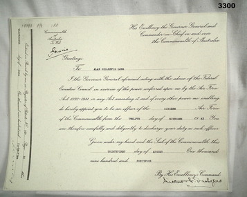 Certificate re appointment as an Officer in the RAAF WW2.