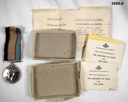 Australian service medal WW2 and box, papers.