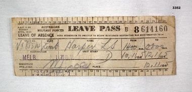 Leave pass relating to WW2.