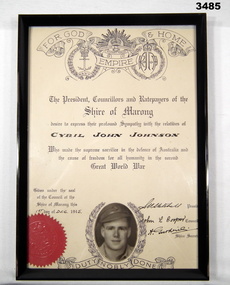 Marong  Shire Council memorial certificate WW2