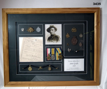 Photo, medals, papers, other framed WW1.