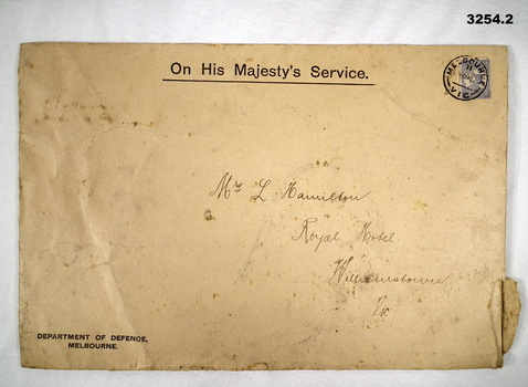 Envelope that holds a certificate re an Officer WW1.
