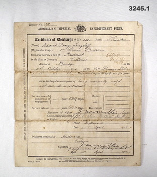 Paybook & discharge certificate WW1.
