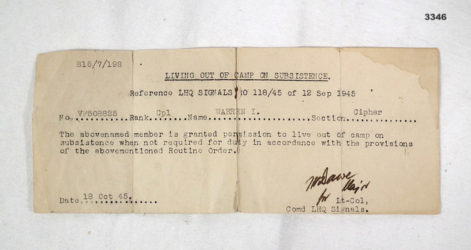 Document re living out of camp.