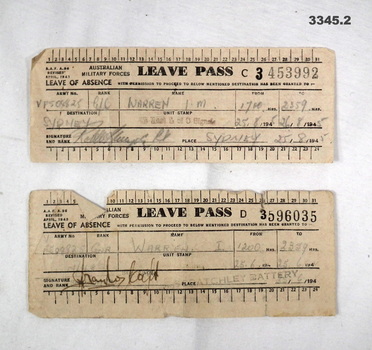 Two leave passes issued in WW2.